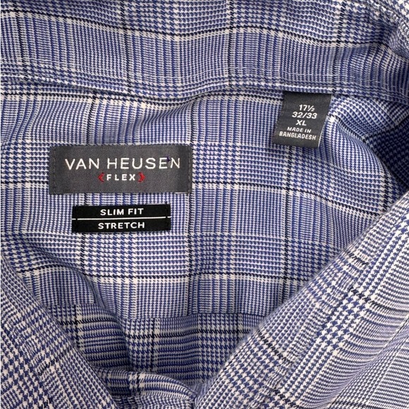 Van Heusen Flex Slim Fit Stretch Dress Shirt Blue Glen Plaid Mens 17.5 32/33 XL - Picture 3 of 10